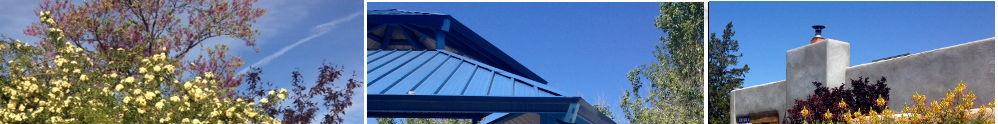Decorative image of three Bel-air sites, including blooming desert plants, the blue roof of the pavilion at Bel-Air park, and the chimney of a gray stucco home
