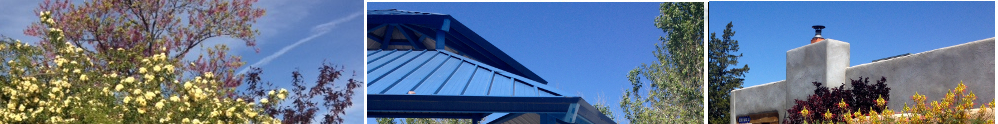 Decorative image of three Bel-air sites, including blooming desert plants, the blue roof of the pavilion at Bel-Air park, and the chimney of a gray stucco home